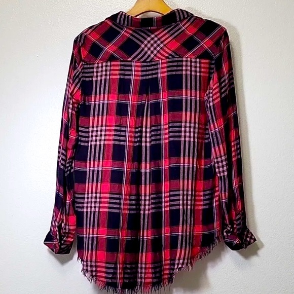 Anthro Cloth & Stone Red Paid Button Down Shirt Frayed Hem - Picture 7 of 11